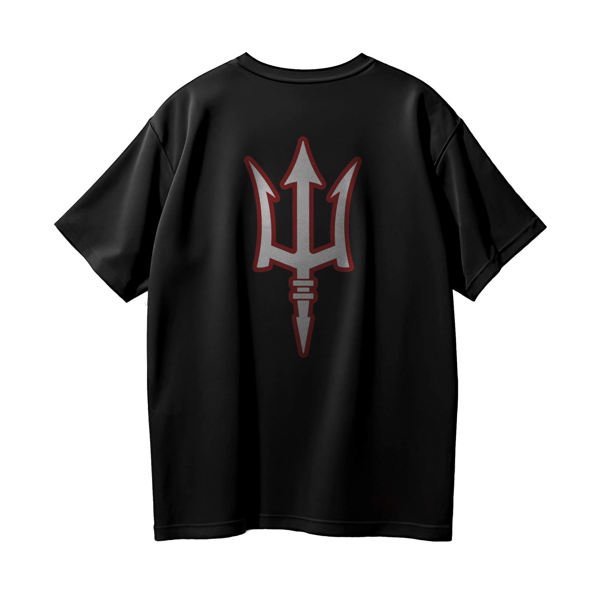 Playera TRION DE3P Oversize negra con el logo del tridente blanco con contorno rojo.